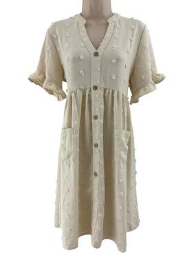Ivory Creme V-Neck Swiss Dot Short Ruffled Sleeve Dress Pockets Size M Summer